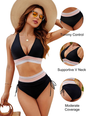 Emoswim - High Waisted Tummy Control Color Block Bikini Sets