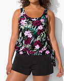 FULLFITALL - Tankini blouson à fleurs rose vin avec short de bain cargo noué sur le côté