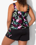 FULLFITALL - Tankini blouson à fleurs rose vin avec short de bain cargo noué sur le côté