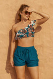 Emoswimsuit - Coffee Floral Print One Shoulder Crop High Waist Bikini Top And Blue High-Waist Boy Shorts