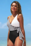 Emoswimsuit - Wrap Waist Tie Patchwork One Piece Swimsuit