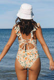 Emoswimsuit - Women's Ruffled One Piece Swimsuit V Neck Lace Up