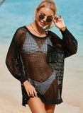 Emoswimsuit - Black Fishnet Cut-out Long Sleeve Round Neck Cover Up