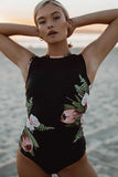 Emoswimsuit - One Piece Black And Floral Swimsuit