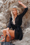 Emoswimsuit - Black Solid Color Tie Sun-proof Belt Sexy V Neck Cover Up