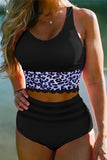 Emoswimsuit - Black Scallop Crop Leopard Print Stitching Bikini Set